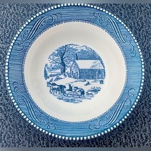 Royal China CURRIER & IVES Winter Schoolhouse Blue Scroll Rimmed Cereal Bowl